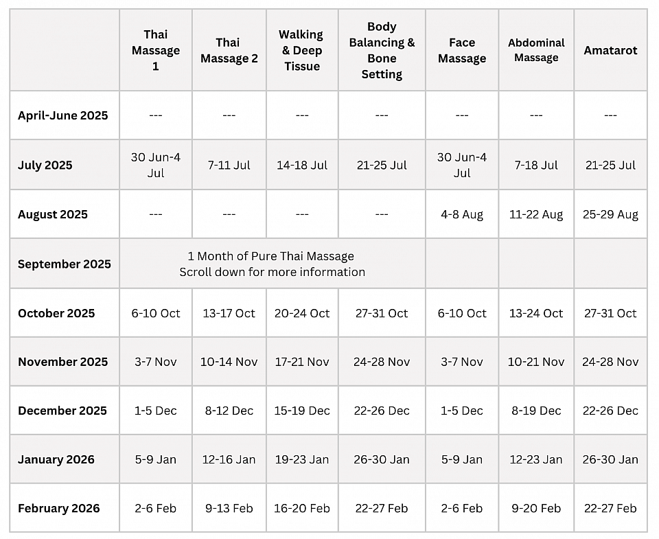 Sirichan Massage Learning Center Calendar